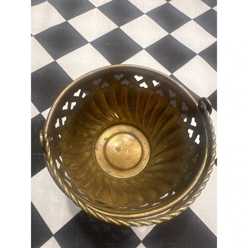 Vintage Brass small Heart Cutout Basket Fluted Bowl Twisted Rope Handle